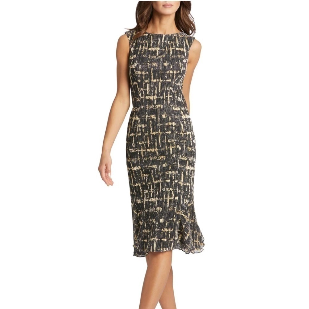 NWT Ieena Mac Duggal Black & Gold Metallic Ruffle Hem Midi Dress size 6